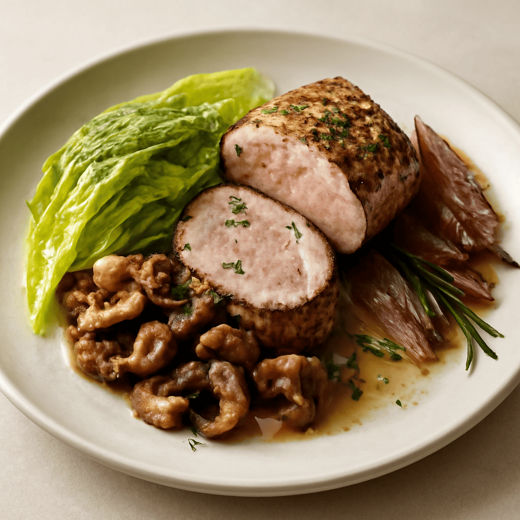 FILETTO DI ARISTA DI MAIALE AROMATIZZATO ALLE ERBE,CON SPECK,VERZA E FUNGHI TRIFOLATI