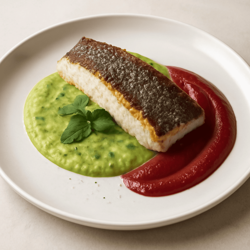 Filetto di Branzino su crema di zucchine e menta e salsa di rape rosse