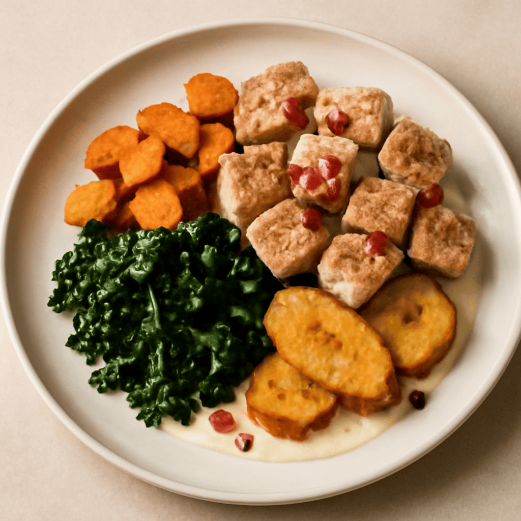 Filetto di maiale con patate dolce cavolo nero e platano