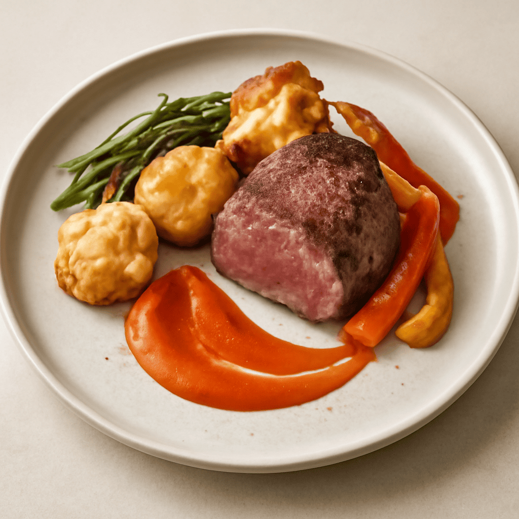 Filetto di manzo con verdure croccanti e salsa di peperone