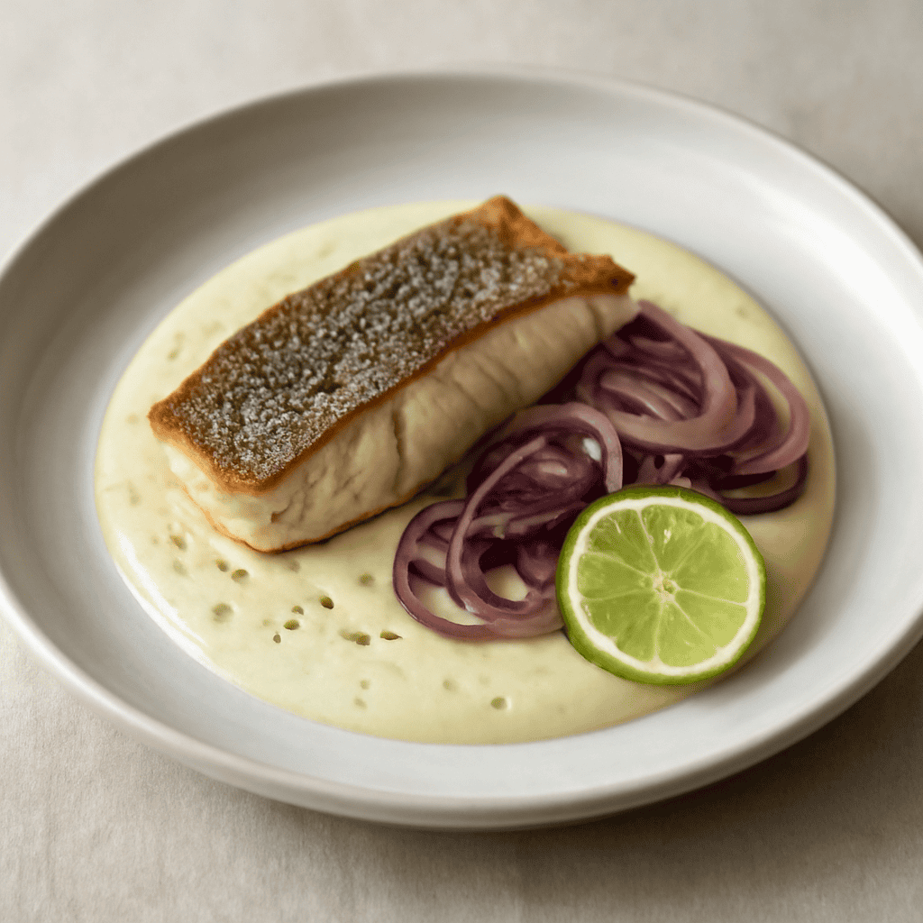 filetto di spigola su crema al lime e cipolla in carpione