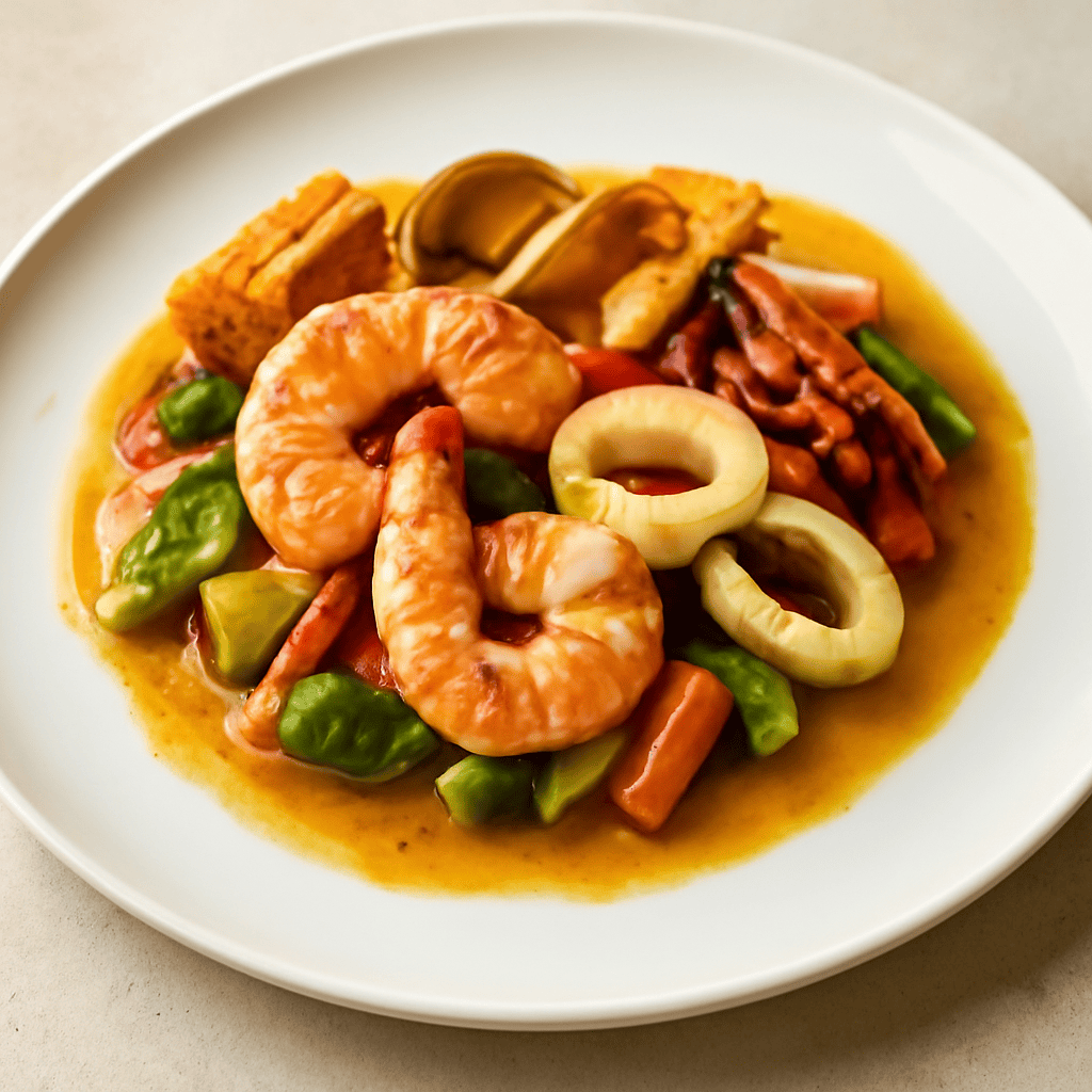 Frutti di mare scottati al brandy con verdure croccanti e bisk