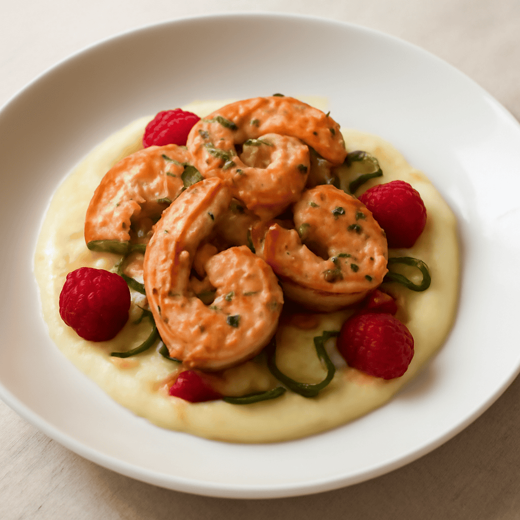 Gamberi con crema di patate e sciroppo di lamponi
