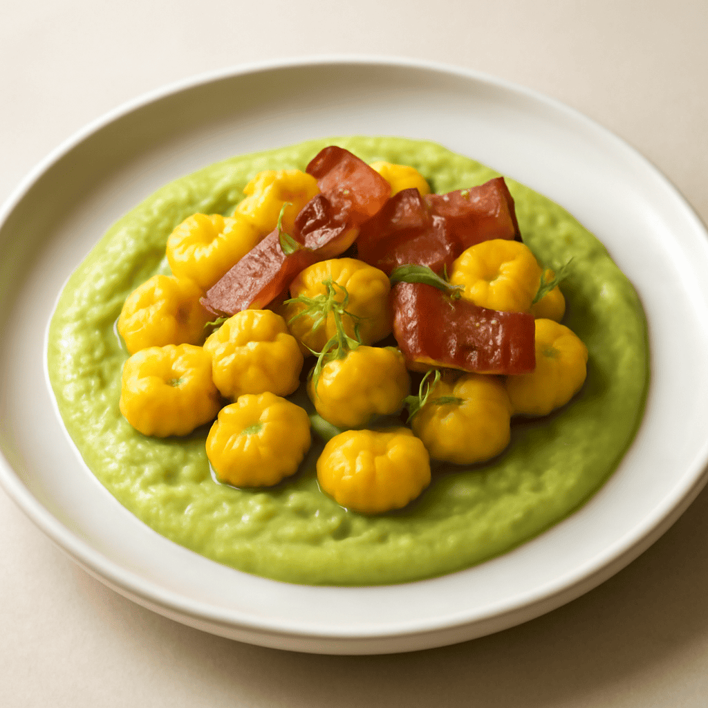 Gnocchi alla curcuma su crema di fave e guanciale croccante