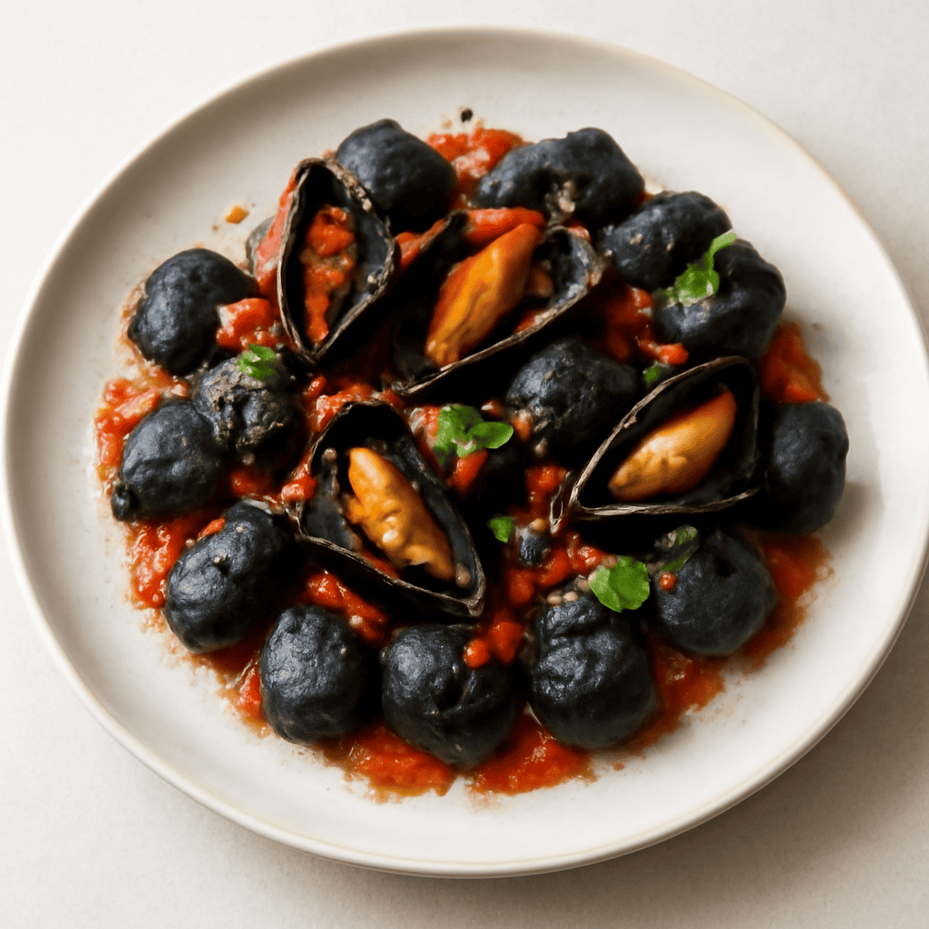 Gnocchi di patate con ripieno di cozze in Concassé di pomodoro