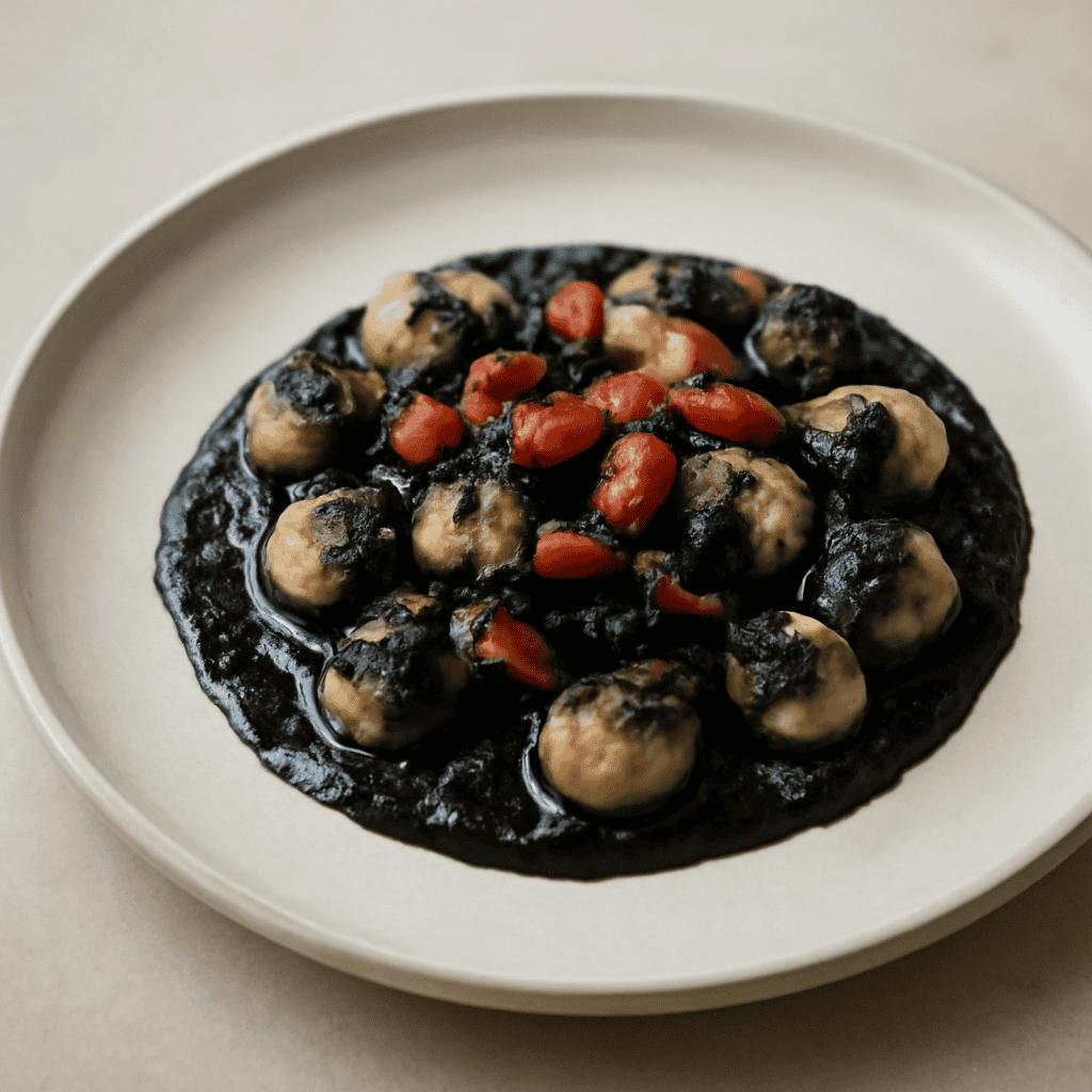 Gnocchi di patate con sugo al nero di seppia e speck