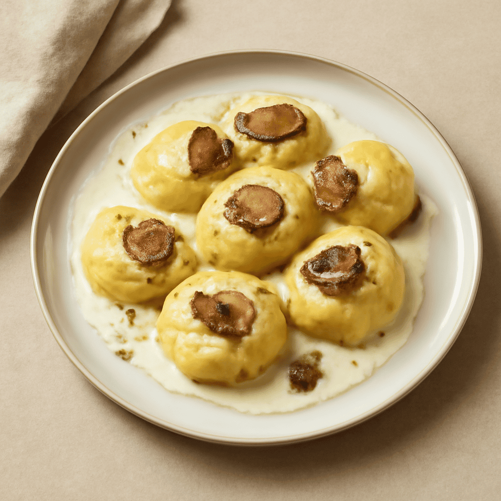 Gnocchi di patate e ricotta ripieni di fontina e panna al profumo di tartufo.