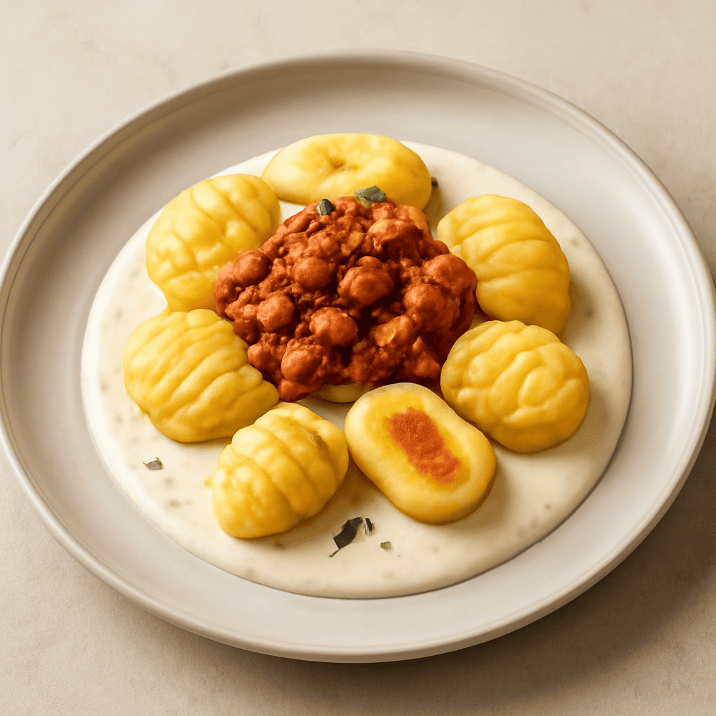 Gnocchi di patate ripieni di zucca e pecorino con crumble di salsiccia su letto di crema di pecorino