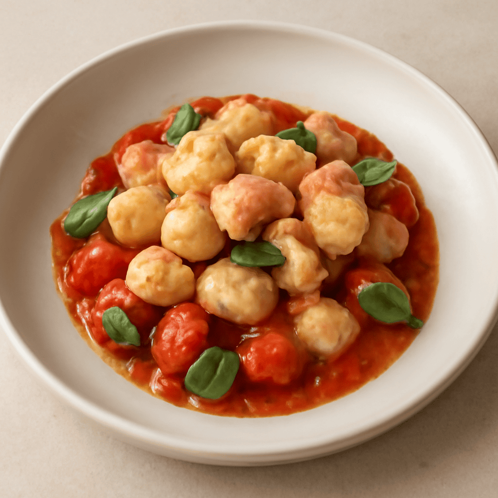 gnocchi di salmone su letto di pomodoro fresco