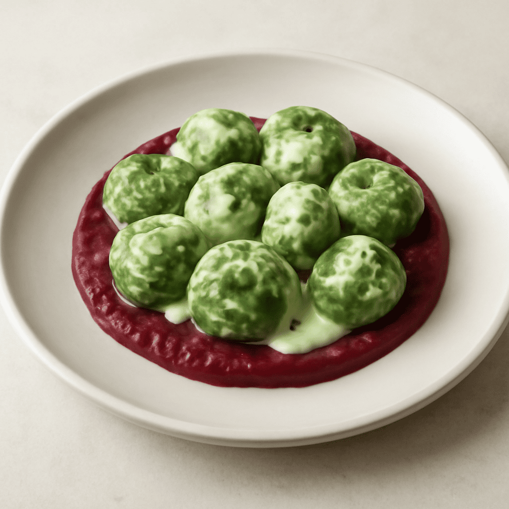 Gnocchi di spinaci ripieni su purea di bietola rossa