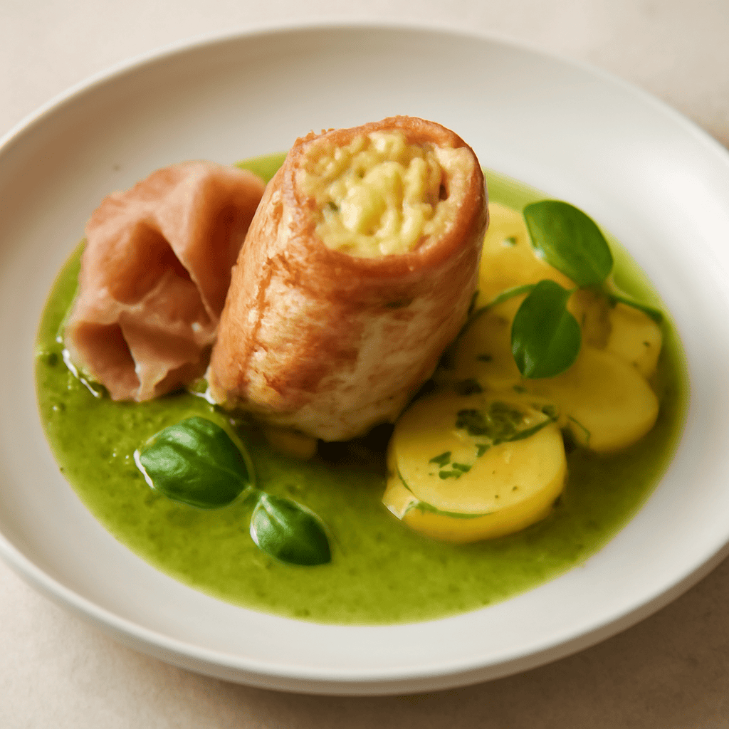 Jambonet di coniglio con farcia di patate in acqua di menta e basilico