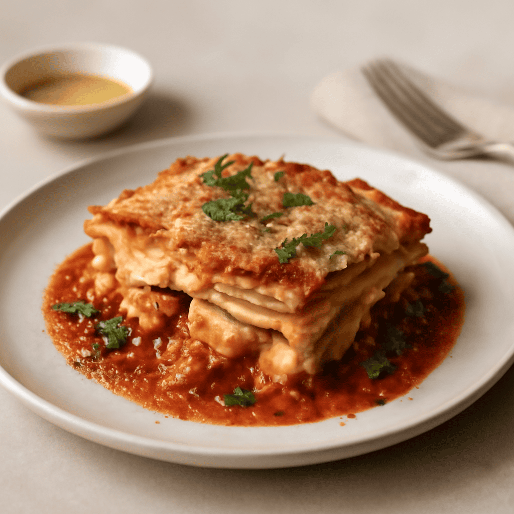 Lasagnetta Gratinata con Pescatrice Sfumata al Vermouth