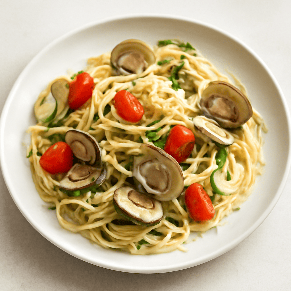 Linguine alle vongole con , pomodorini e crema all’aglio