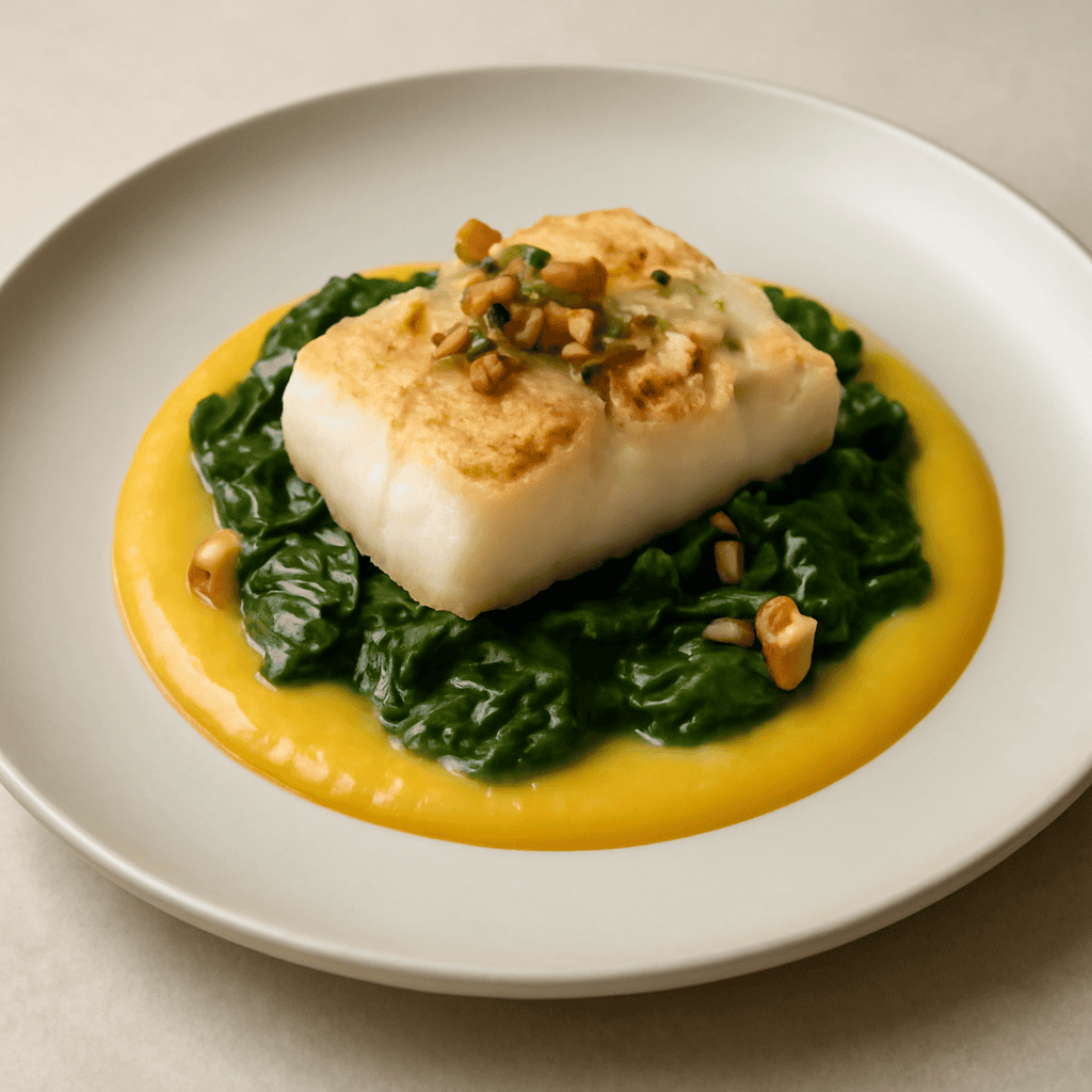 Merluzzo su una base di foglie di spinaci cristallizzate e crema di peperoni gialli