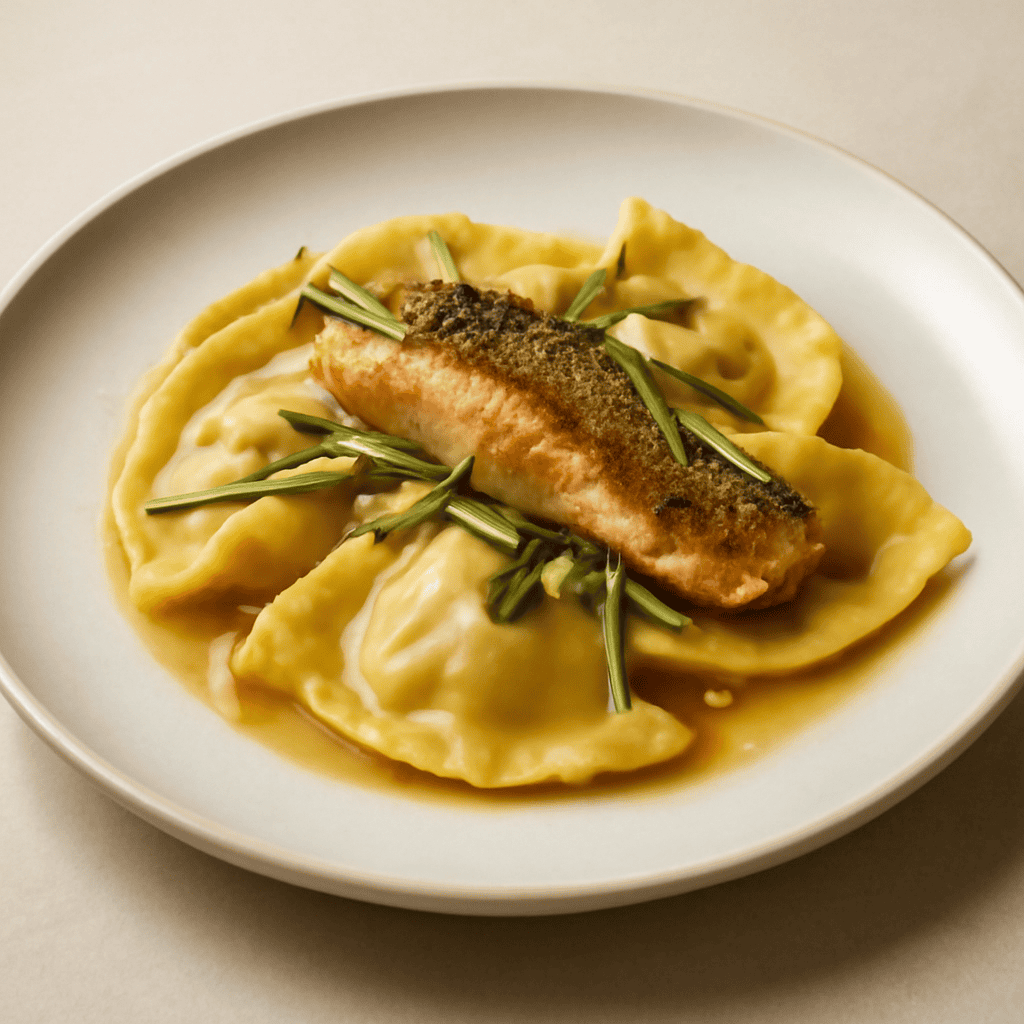 mezzelune ripiene con fegatini e patate con trota