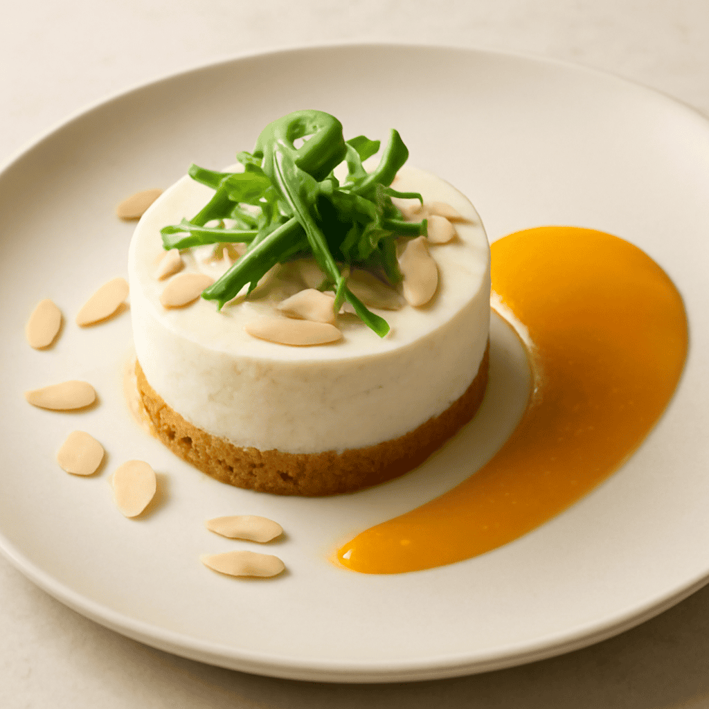 mini cheesecake mandorle e rucola con coulis di arancia