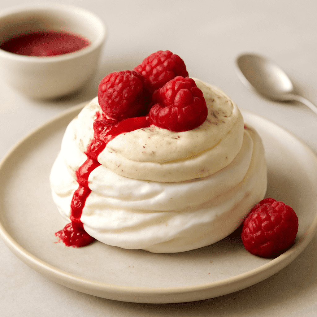 Mini pavlova con mousse ricotta e lamponi e coulis al lampone e noce moscata.