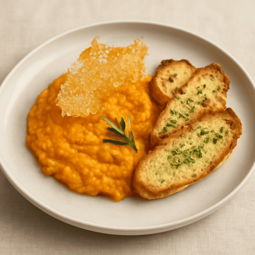 MOSA DI ZUCCA CON TUILLE DI PARMIGIANO E CROSTINI DI PANE AL ROSMARINO