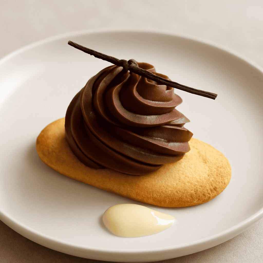 Mousse al cioccolato fondente e aroma alla vaniglia su cialda