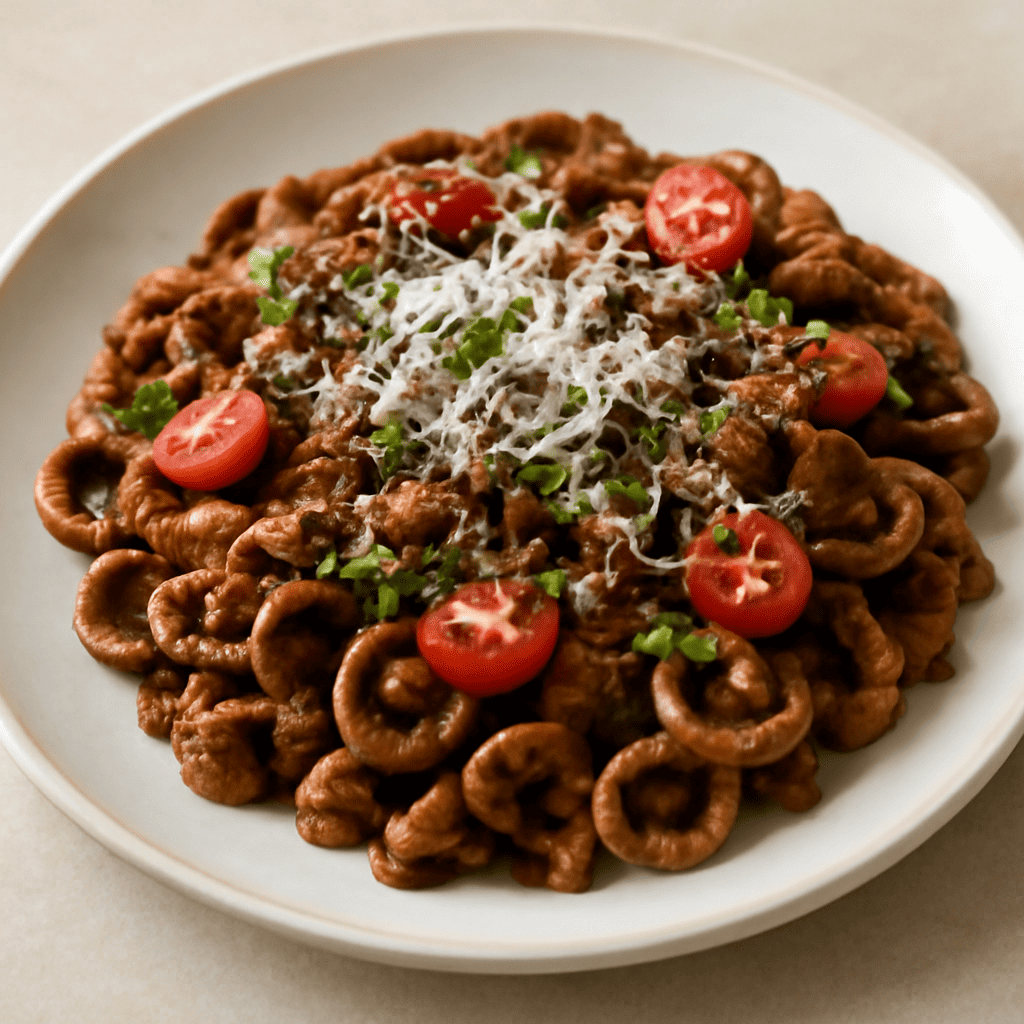 Orecchiette al grano arso con macinato di suino, prezzemolo, pomodorini e pecorino