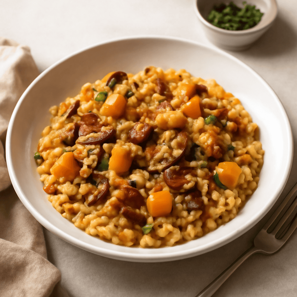Orzotto con pancetta affumicata, funghi e zucca.