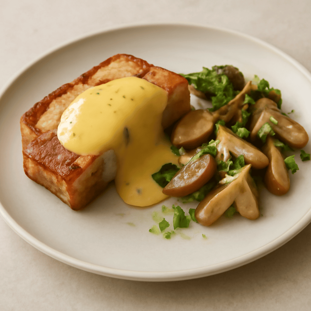 pancia di maiale arrosto nappata con salsa olandese con contorno di cruditè di funghi porcini