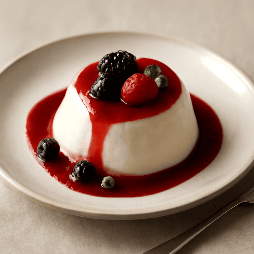 Panna cotta al cocco con coulis ai frutti di bosco.