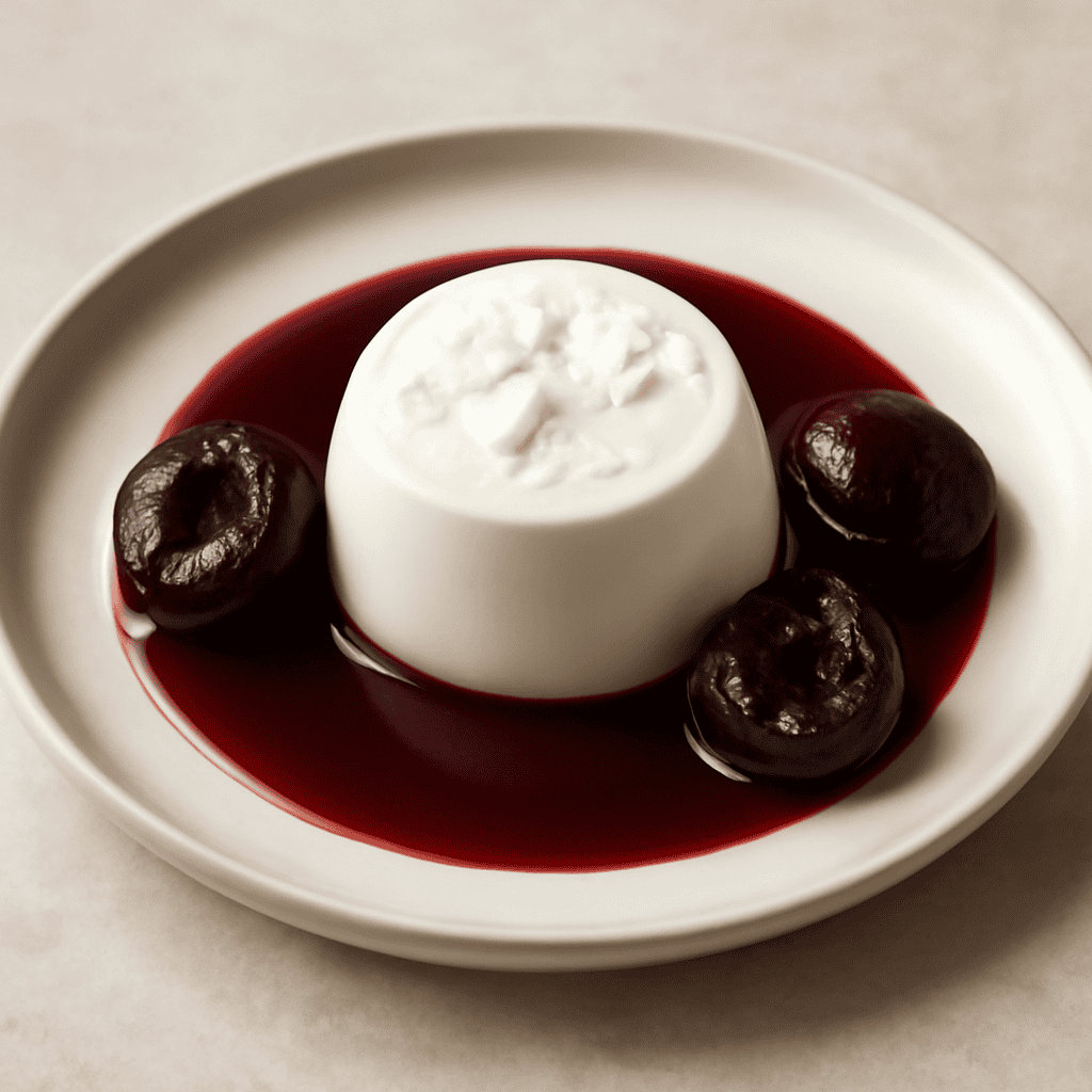 Panna cotta al cocco con salsa di vino rosso e prugne