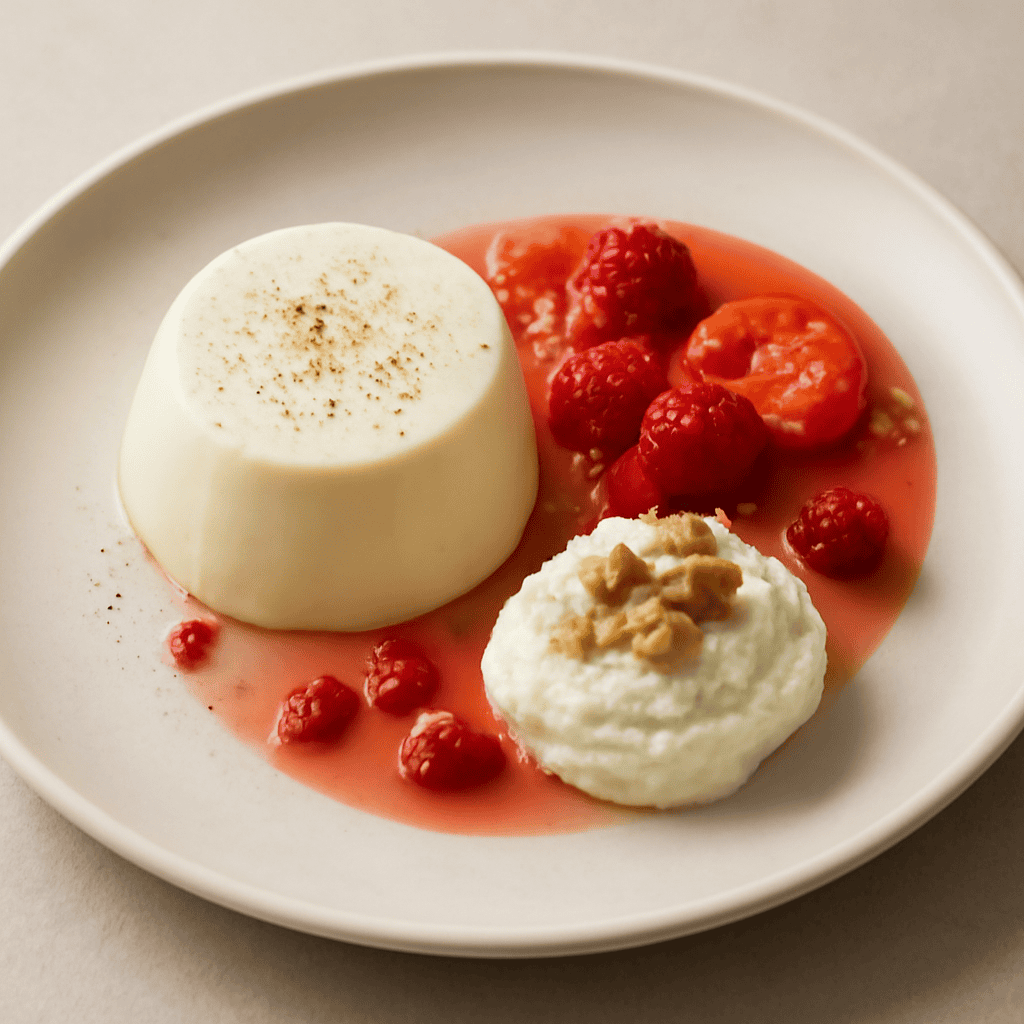 Panna cotta al tonno con geleè pomodorini, lampone e pepe rosa e mousse ricotta e noci.