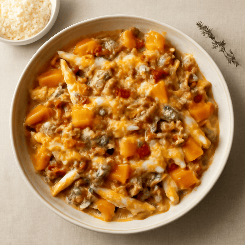 Pasta al forno zucca, funghi e pancetta