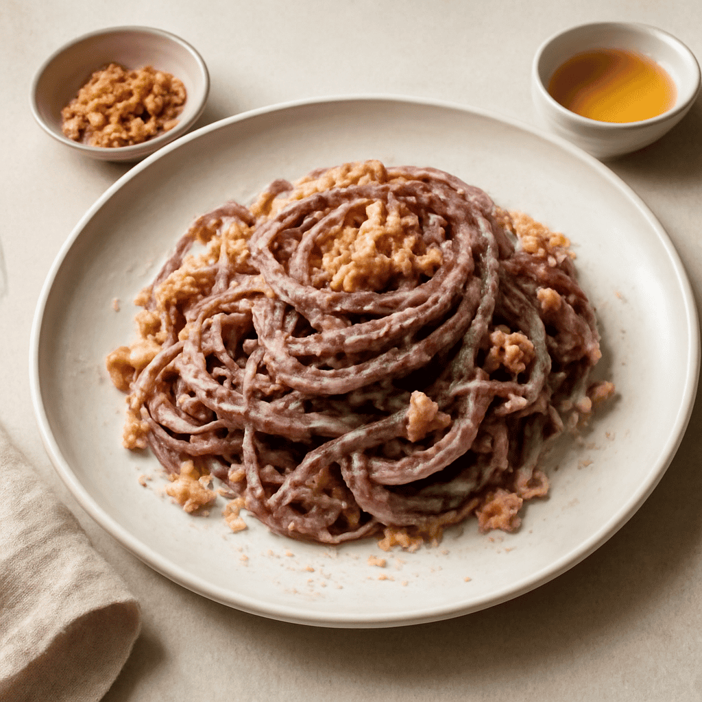 Pasta al pesto di radicchio e noci con miele e pecorino
