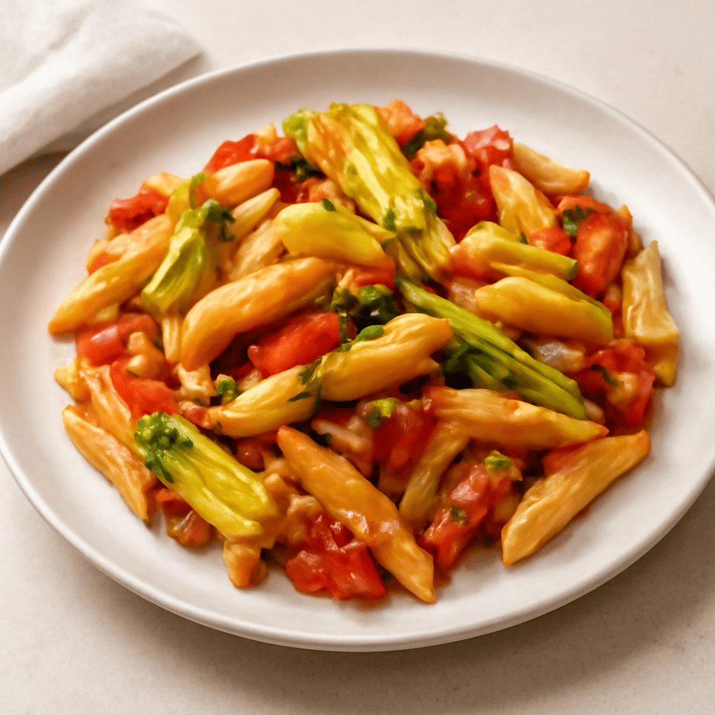 PENNE CON FIORI DI ZUCCA, PANCETTA E POMODORI