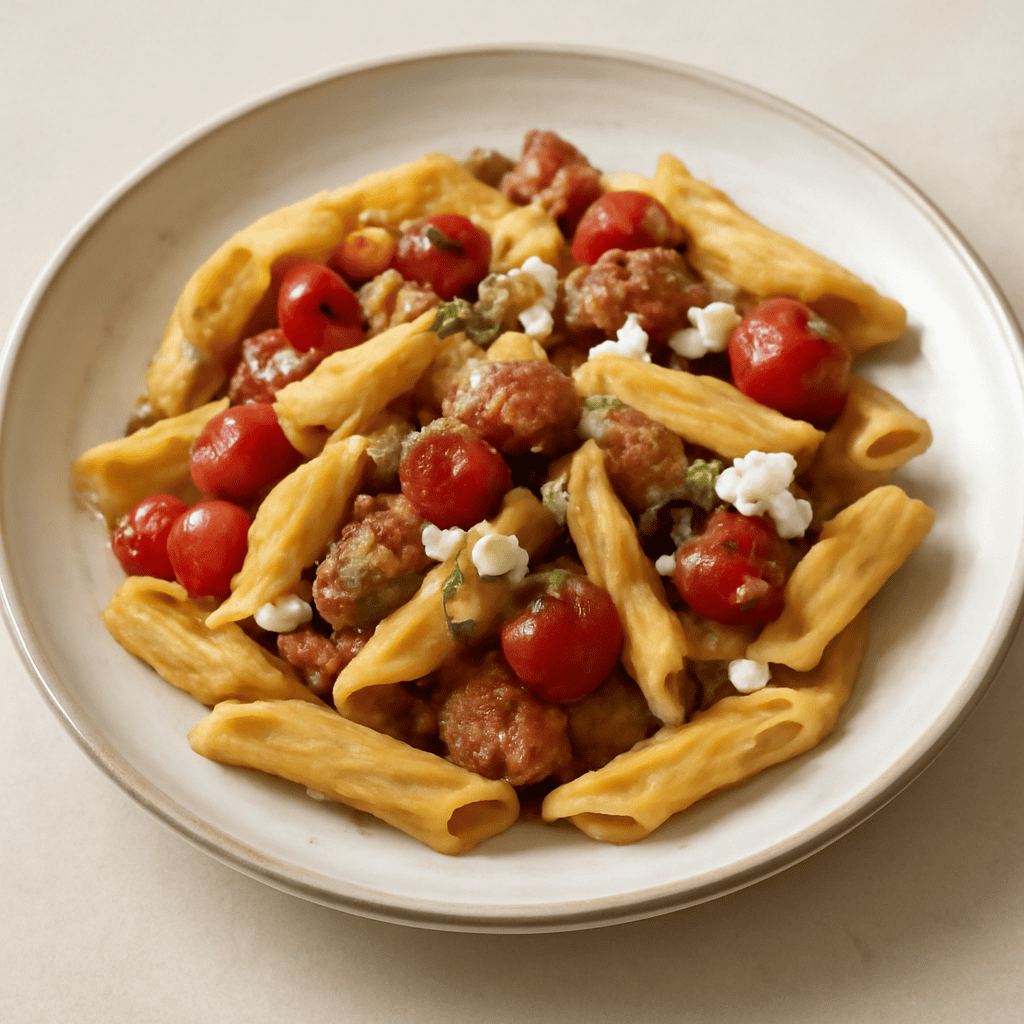 Penne giganti salsiccia, pomodorini e ricotta salata