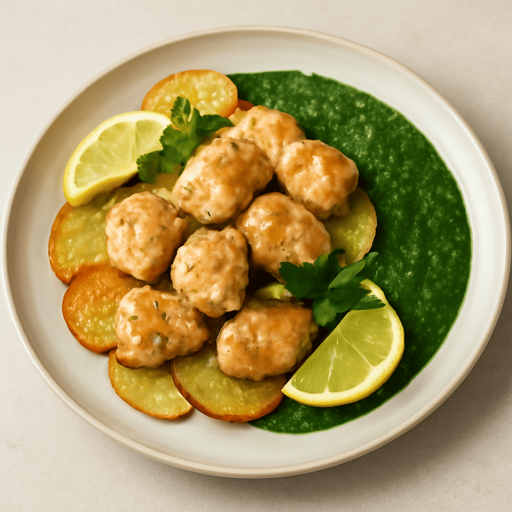 Pepite di pollo al limone in un letto croccante di patate, salsa di spinaci e mentuccia.