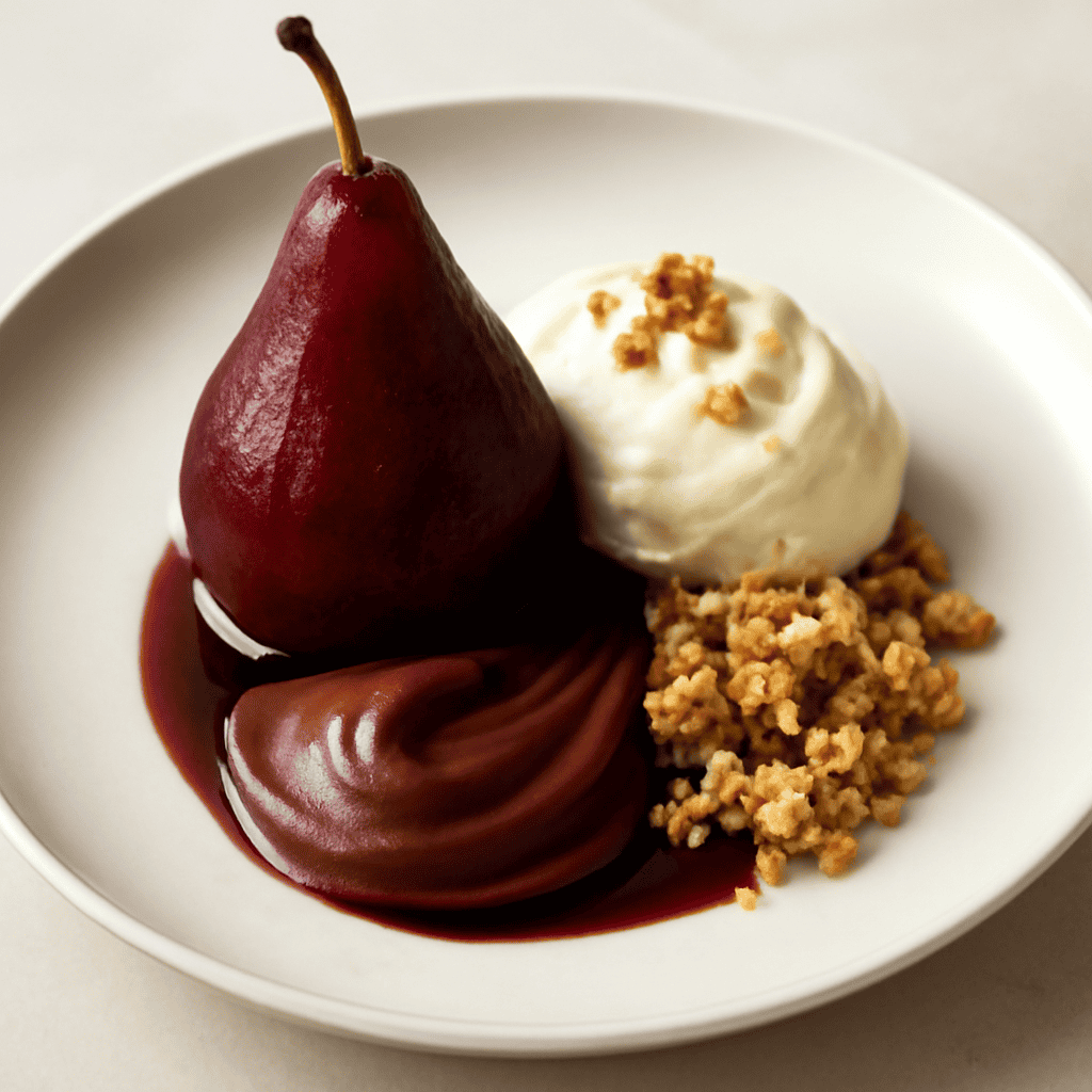 Pera al vin brule con mousse di mascarpone, crema al cioccolato, frolla croccante e noci