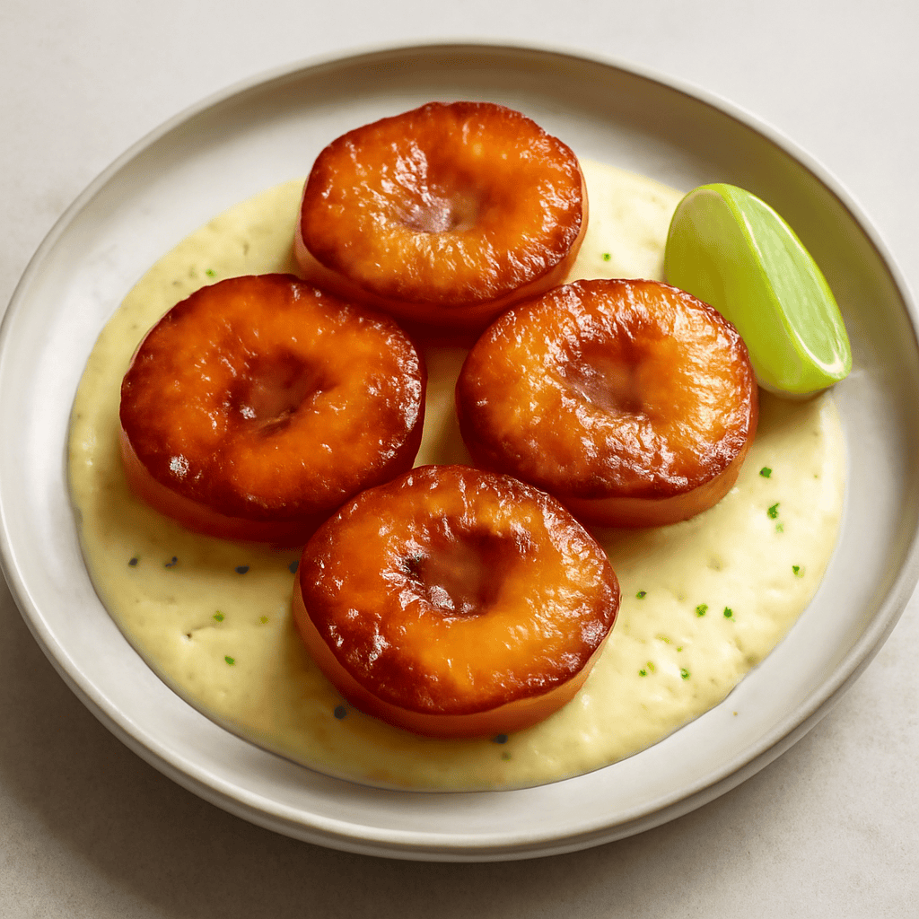 pesche caramellate su crema al lime.