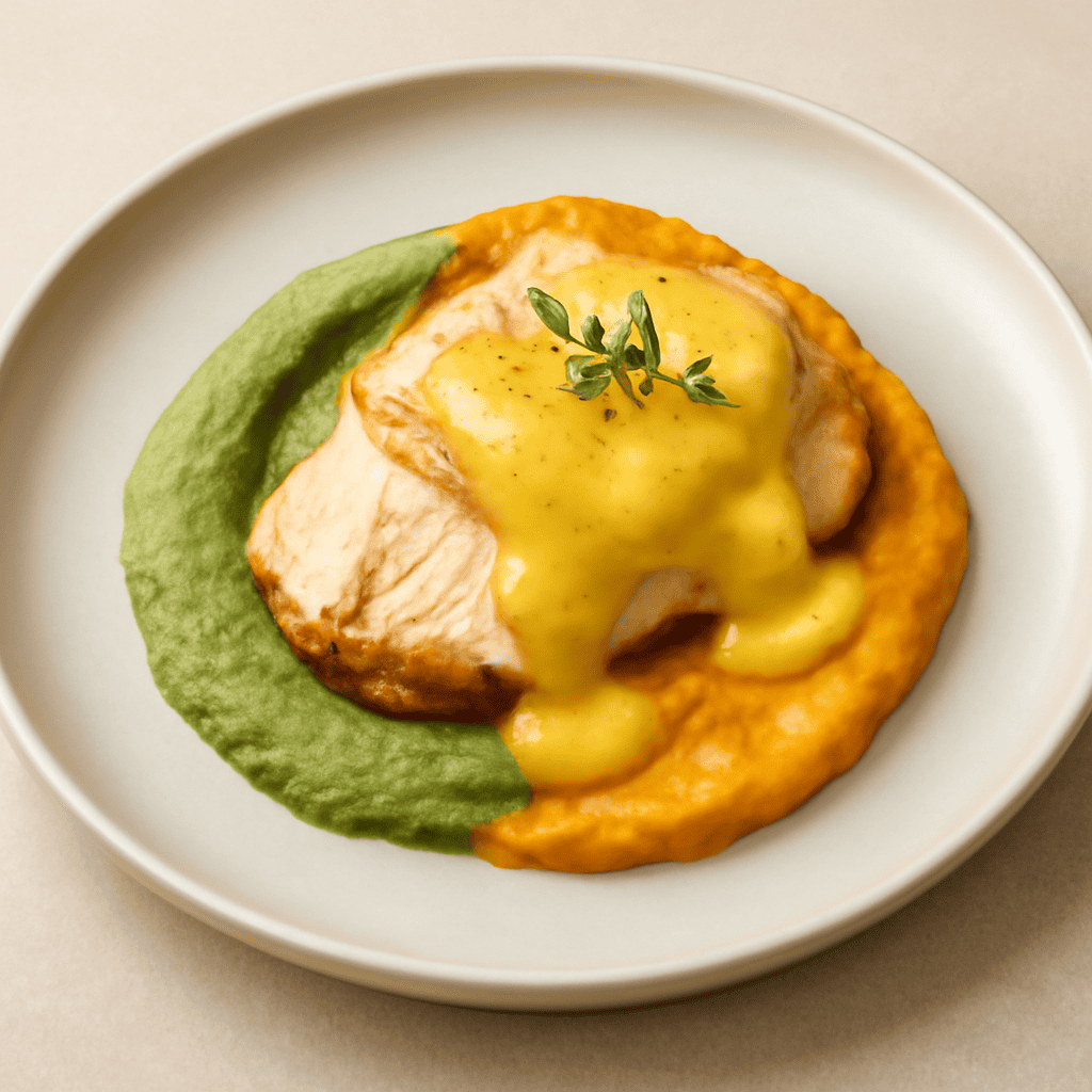 Petto di pollo in salsa olandese su base di crema di carote e di zucchine