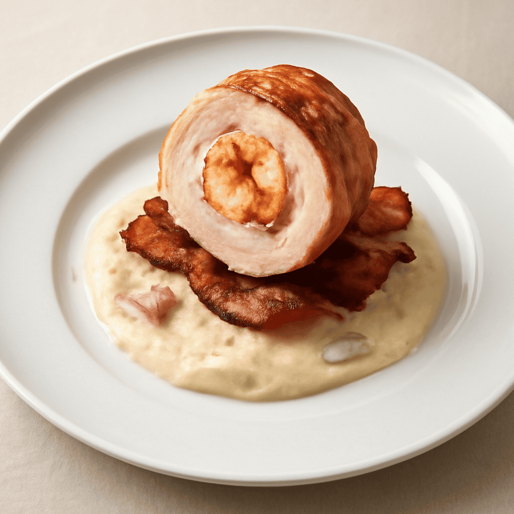 Petto di pollo ripieno di gamberetti su guanciale croccante e crema di scalogno