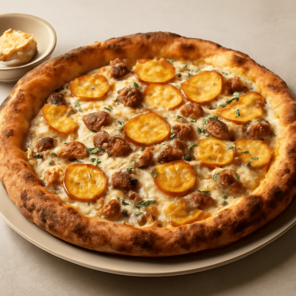 Pizza con salsiccia , crema di gorgonzola e patate croccanti