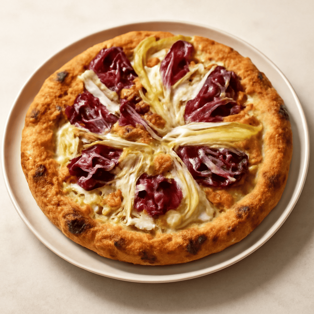 Pizza di farina di grano duro con ricotta, indivia, radicchio e noci