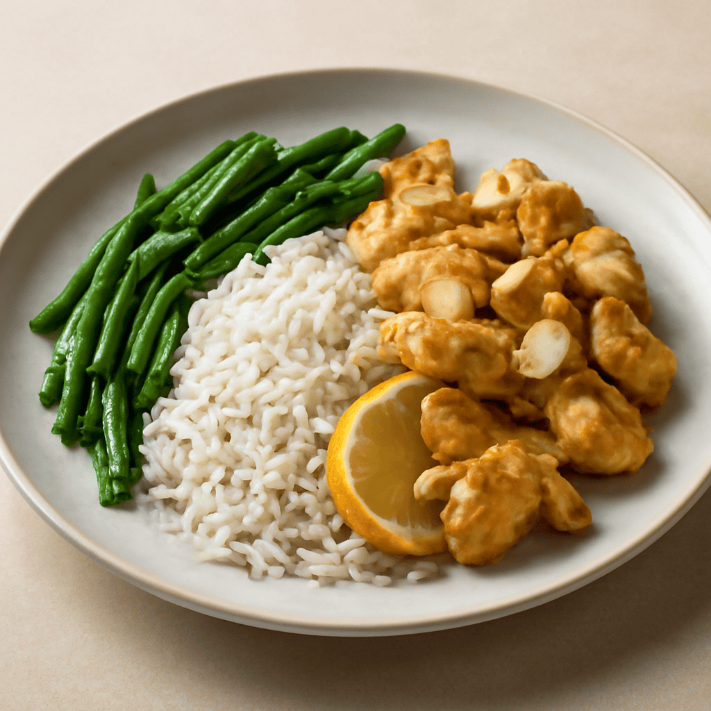 Pollo alle mandorle e riso Basmati con fagiolini croccanti