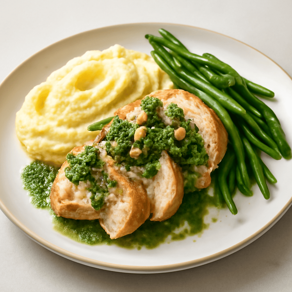 pollo con salsa alla menta e mandorle e purea di patate