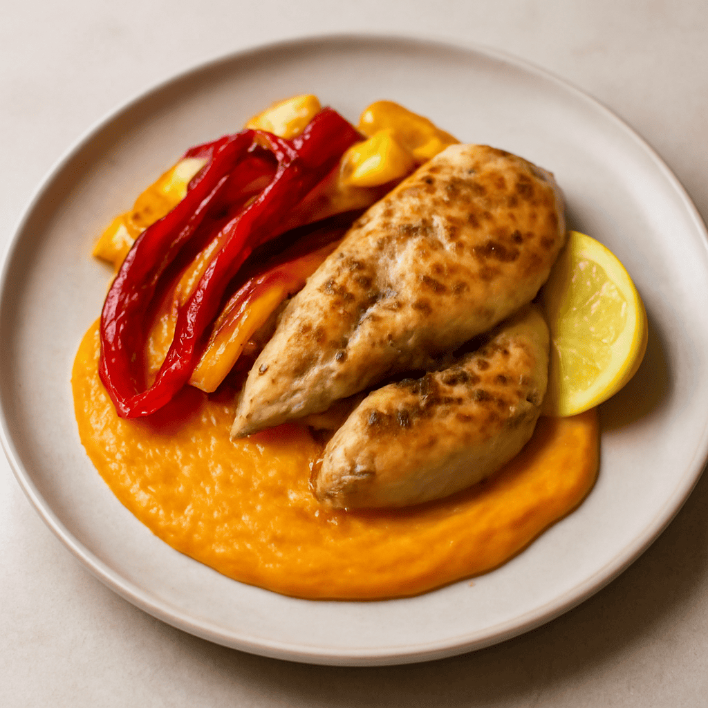 Pollo marinato con peperone e crema di carote e patate