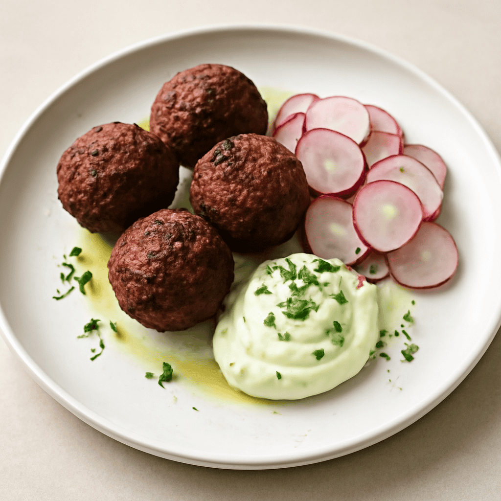 Polpette di coda di bue con ravanelli e maionese al basilico