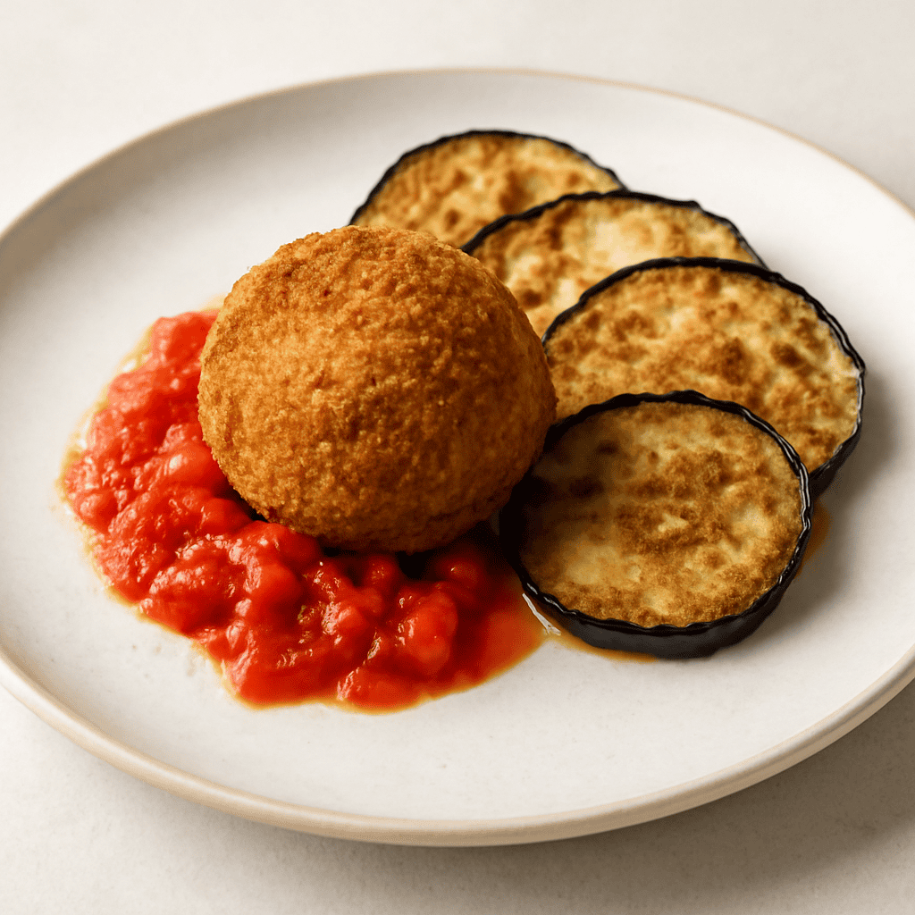 Polpettina di melanzana, concesse di pomodoro e melanzana fritta