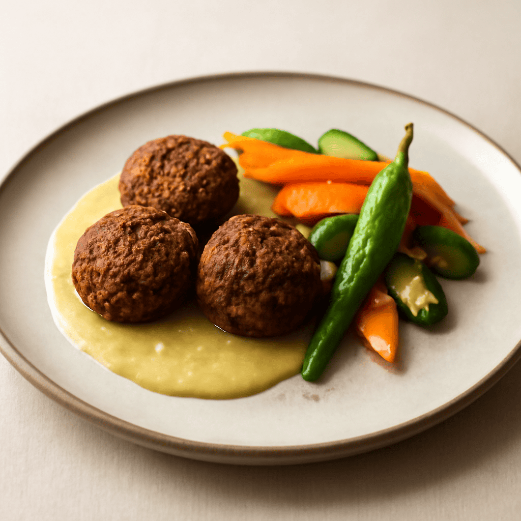 Polpettine di lenticchie,con salsa di mele e ginger accompagnate da verdure piccanti