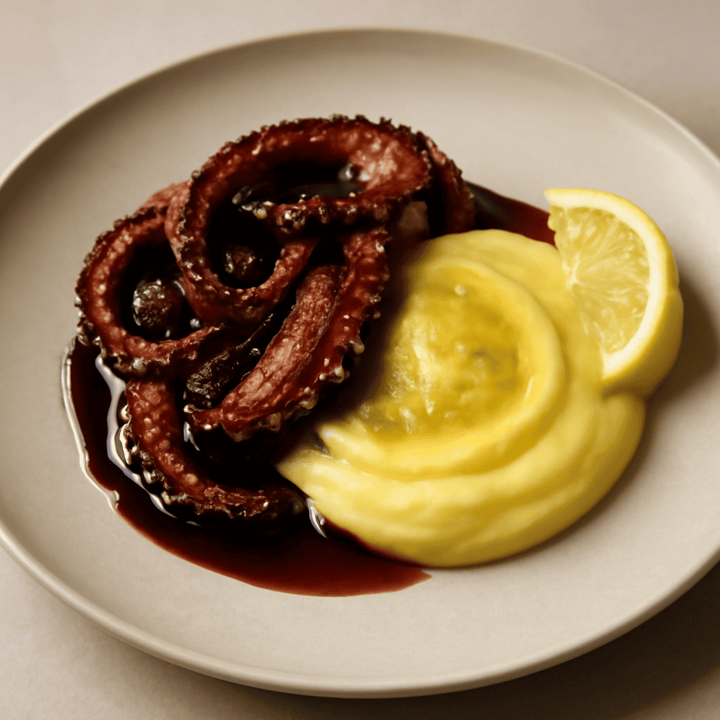Polpo glassato in salsa tare con crema di patate al limone