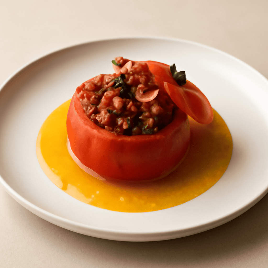 Pomodoro ripieno di polpo su salsa di arancia