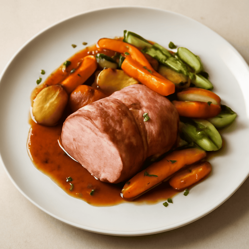 Prosciutto di maiale con verdure glassate