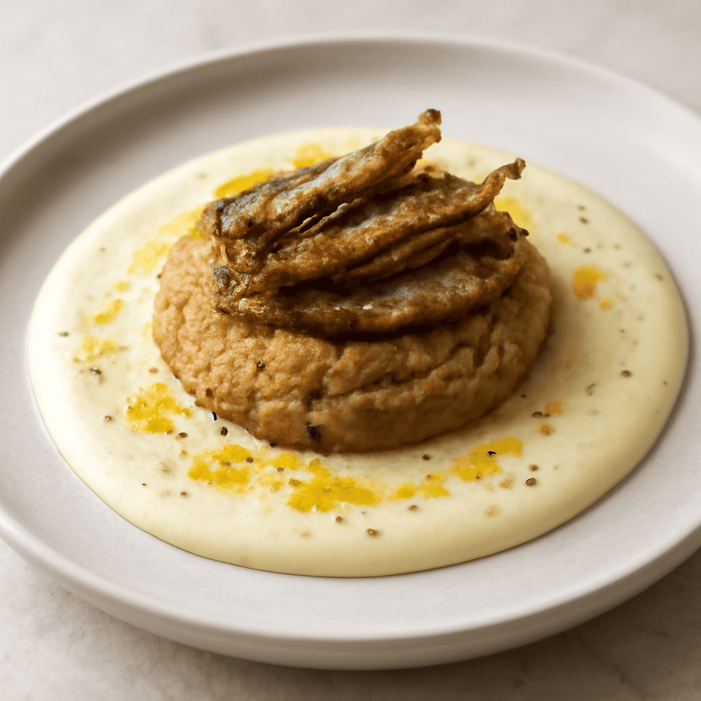 Purè di fagioli speziato su gelatina di fonduta e alici croccanti